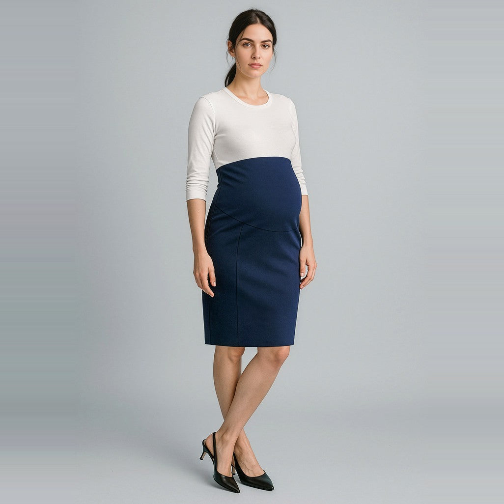 Biz Corporates Cool Stretch Womens Maternity Skirt RGS307L in Navy, worn by model