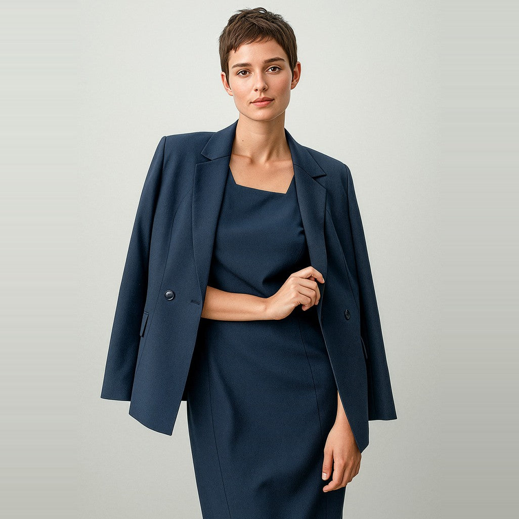Biz Corporates Renew Womens Double Breasted Longline Jacket RJ400L in Navy Dusk, worn by model, view 2