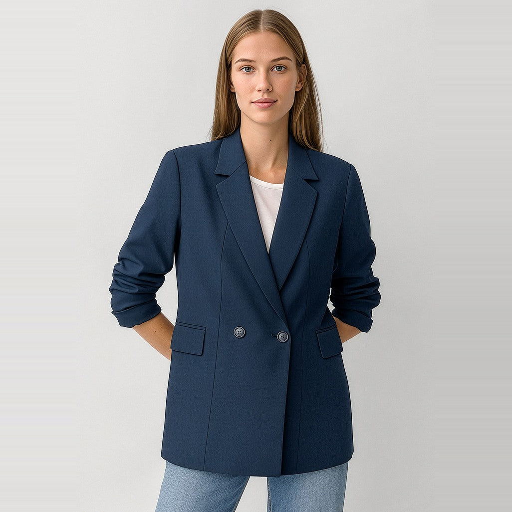 Biz Corporates Renew Womens Double Breasted Longline Jacket RJ400L in Navy Dusk, worn by model, view 3