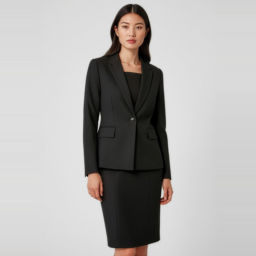 Biz Corporates Renew Womens Single Button Mid Length Jacket RJ401L in Pencil Black, worn by model, view 2