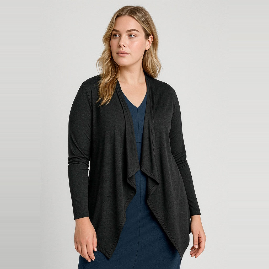 Biz Corporates Sofia Womens Waterfall Cardigan RLC267L in Black, worn by model