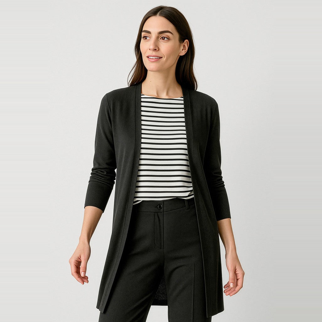 Biz Corporates Chelsea Womens Longline Cardigan RLC970L in Black, worn by model