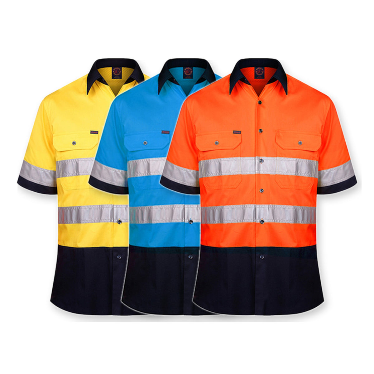 Ritemate 2 Tone Open Front S/S Shirt 50MM Reflective Tape RM1050RS in 3 colours: Yellow/Navy, Blue/Navy, Orange/Navy