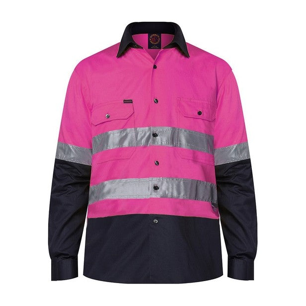Ritemate 2 Tone Open Front Shirt L/S 50MM Reflective Tape RM1050R in Pink/Navy