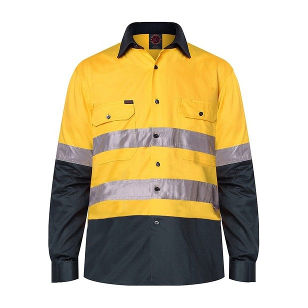 Ritemate 2 Tone Open Front Shirt L/S 50MM Reflective Tape RM1050R in Yellow/Bottle
