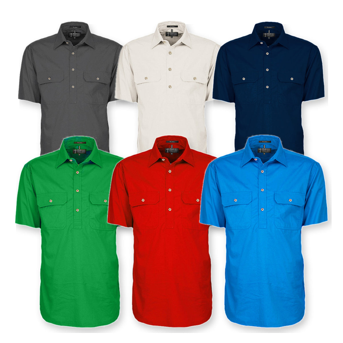 Pilbara Mens Closed Front Short Sleeve Shirt RM200CFS in 6 colours: Charcoal, Stone, French Navy, Emerald, Red, Light Blue