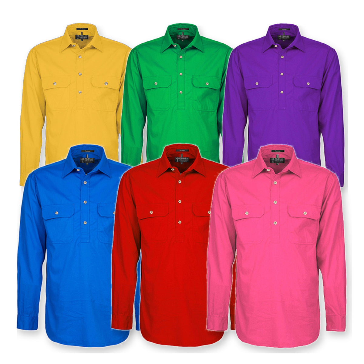 Pilbara Mens Closed Front Long Sleeve Shirt RM200CF in 6 colours: Yellowstone, Emerald, Purple, Cobalt Blue, Red, Hot PInk