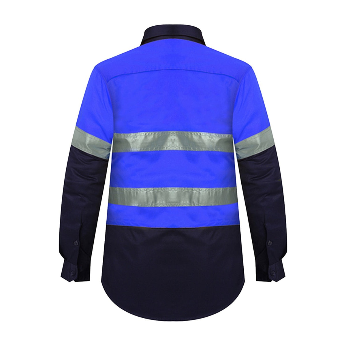 Ritemate Womens 2 Tone Vented Open Front L/W L/S Shirt 50MM Reflective Tape RM208V2R in Blue/Navy, back view