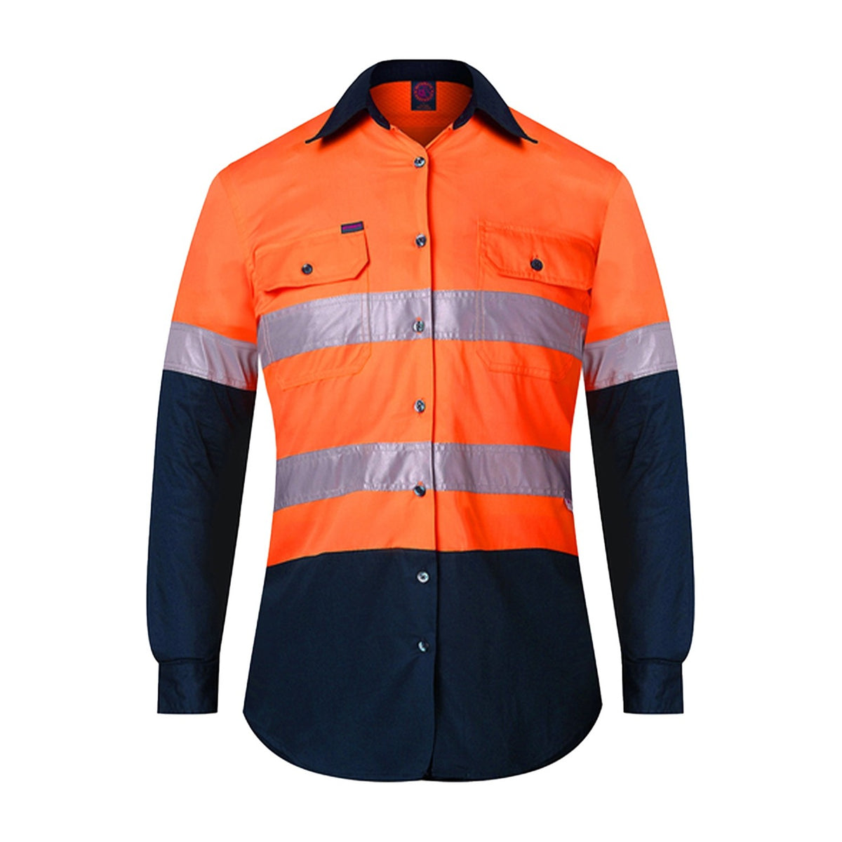 Ritemate Womens 2 Tone Vented Open Front L/W L/S Shirt 50MM Reflective Tape RM208V2R in Orange/Navy