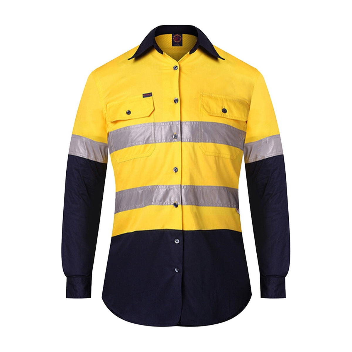 Ritemate Womens 2 Tone Vented Open Front L/W L/S Shirt 50MM Reflective Tape RM208V2R in Yellow/Navy