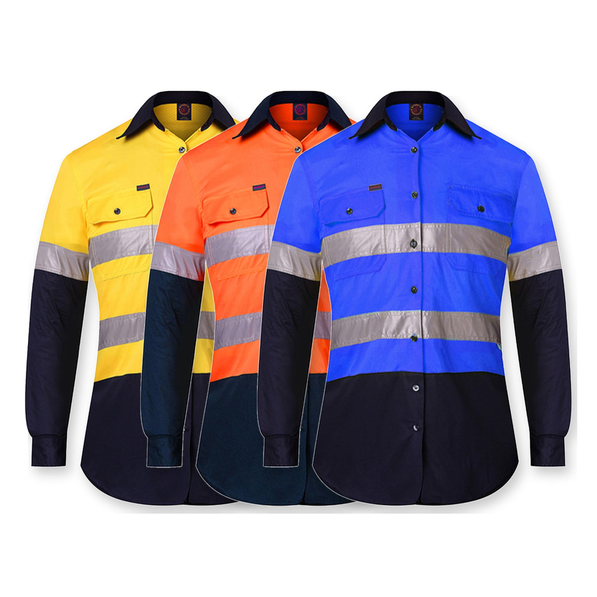 Ritemate Womens 2 Tone Vented Open Front L/W L/S Shirt 50MM Reflective Tape RM208V2R in 3 colours: Yellow/Navy, Orange/Navy, Blue/Navy