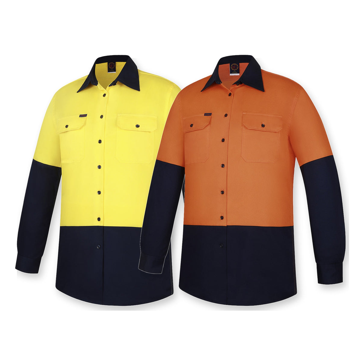 Ritemate Womens 2 Tone Vented Open Front L/W L/S Shirt RM208V2 in 2 colours: Yellow/Navy, Orange/Navy