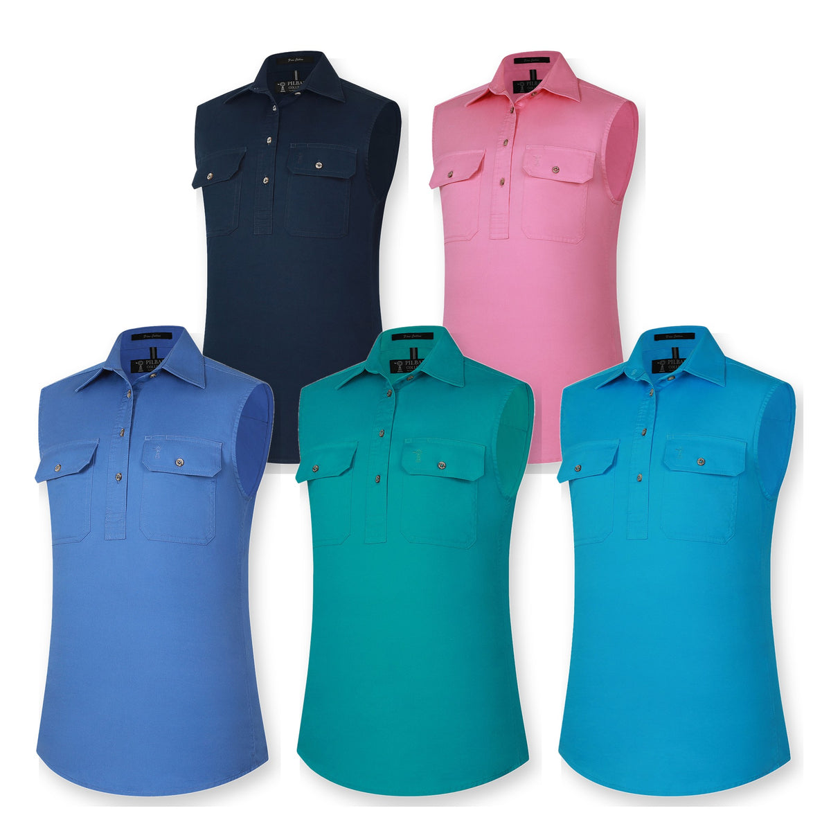 Pilbara Womens Closed Front Sleeveless Shirt RM900CF in 5 colours: French Navy, Blush, Lavender, Jade, Cornflower