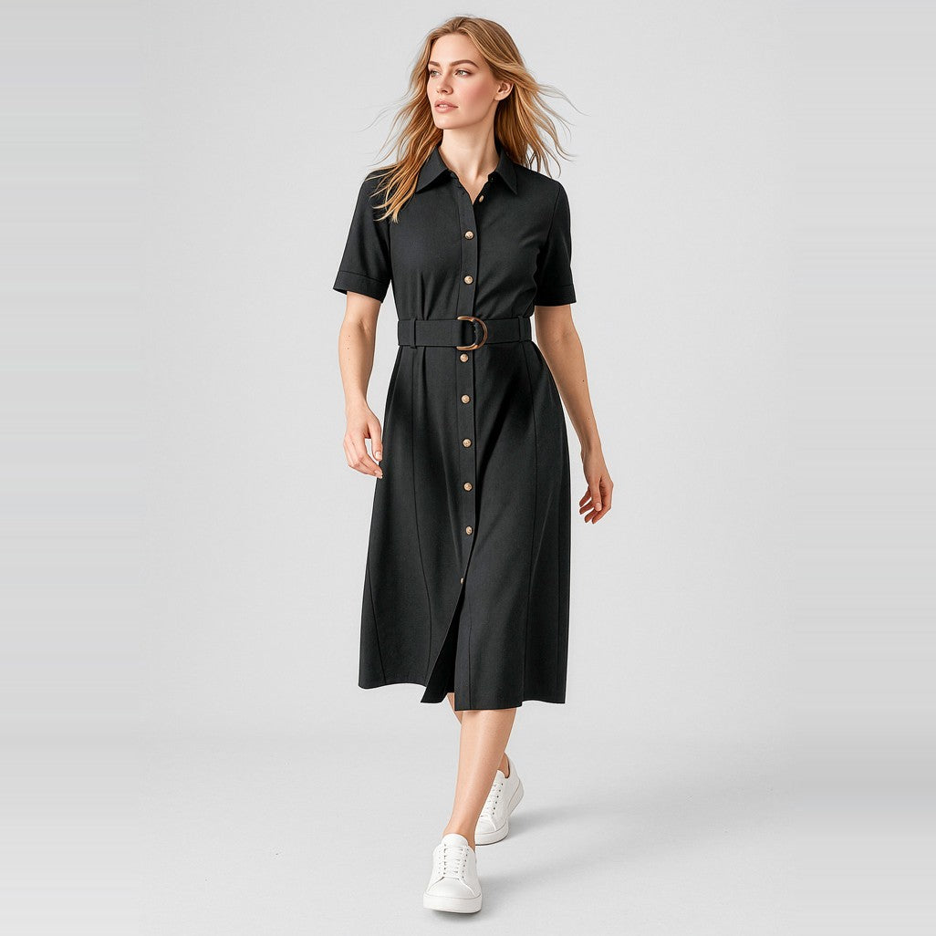 Biz Corporates Adele Womens Midi Dress RO571LS in Black, worn by model, view 3