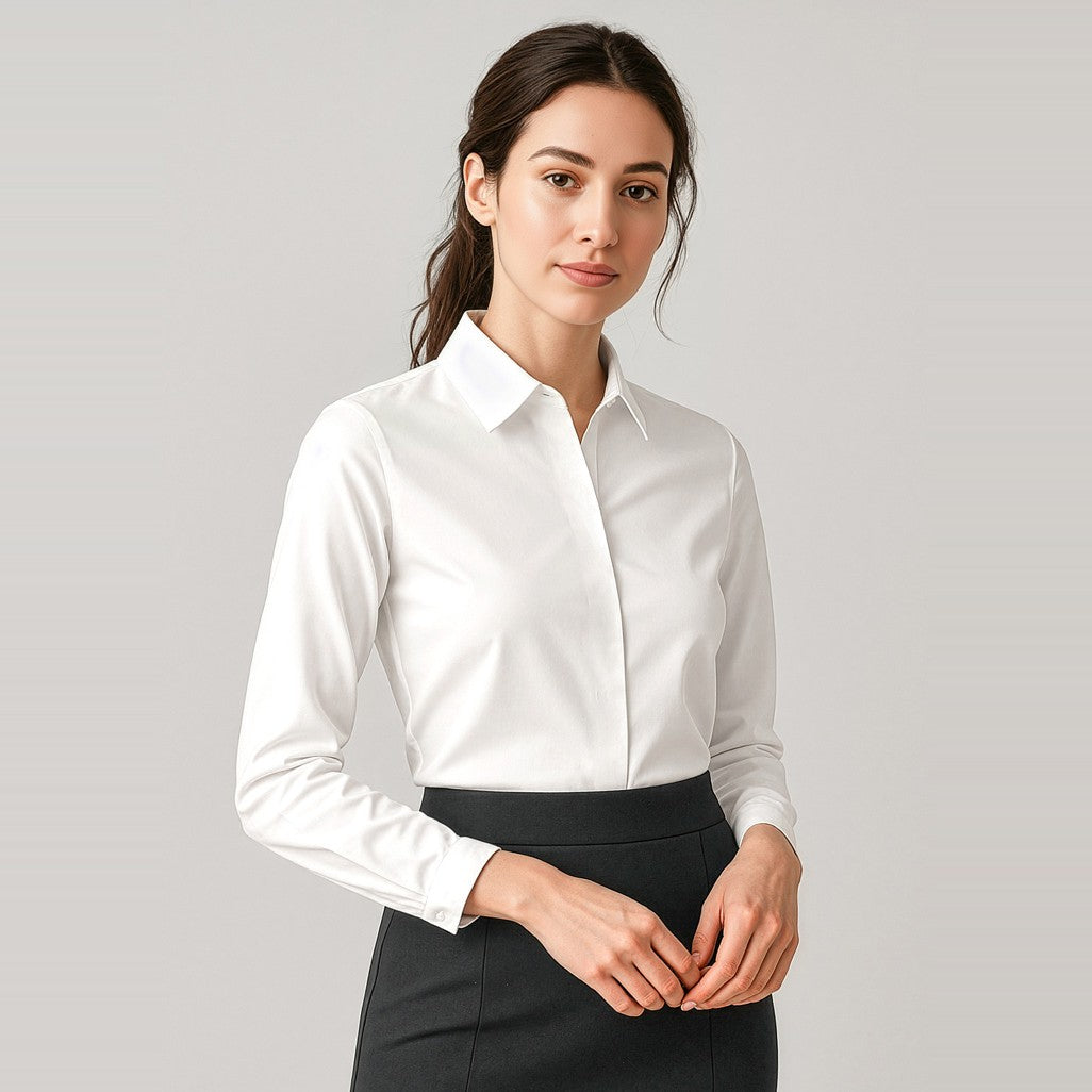 Biz Corporates Charlie Womens Long Sleeve Shirt RS968LL in White, worn by model