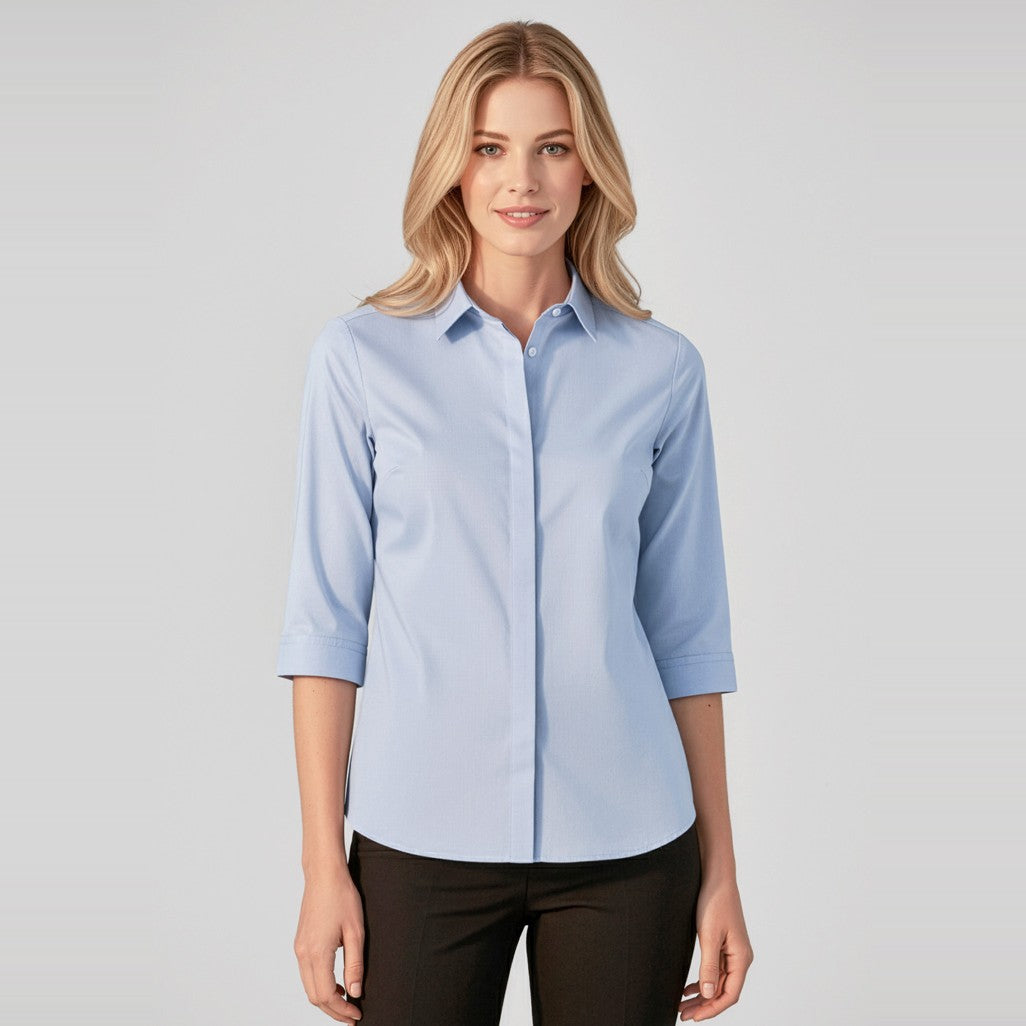 Biz Corporates Charlie Womens 3/4 Sleeve Shirt RS968LT in Blue Chambray, worn by model