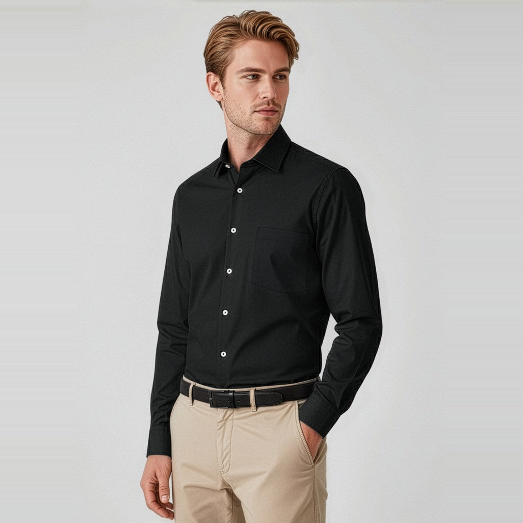 Biz Corporates Charlie Mens Classic Fit Long Sleeve Shirt RS968ML in Black, worn by model