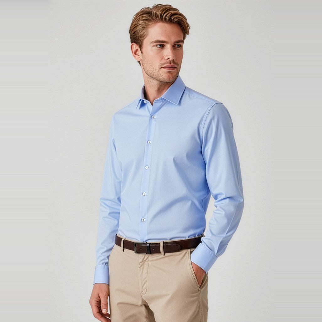 Biz Corporates Charlie Mens Slim Fit Long Sleeve Shirt RS969ML in Blue Chambray, worn by model