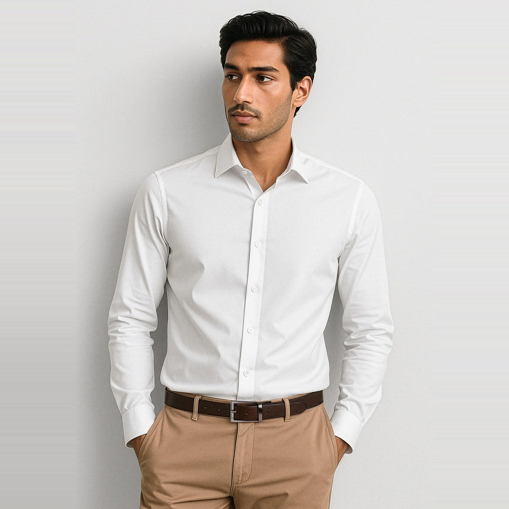 Biz Corporates Charlie Mens Slim Fit Long Sleeve Shirt RS969ML in White, worn by model