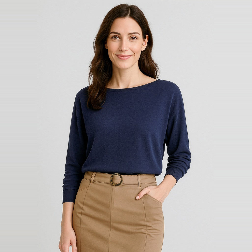 Biz Corporates Skye Womens Batwing Sweater Top RSW370L in Navy, worn by model