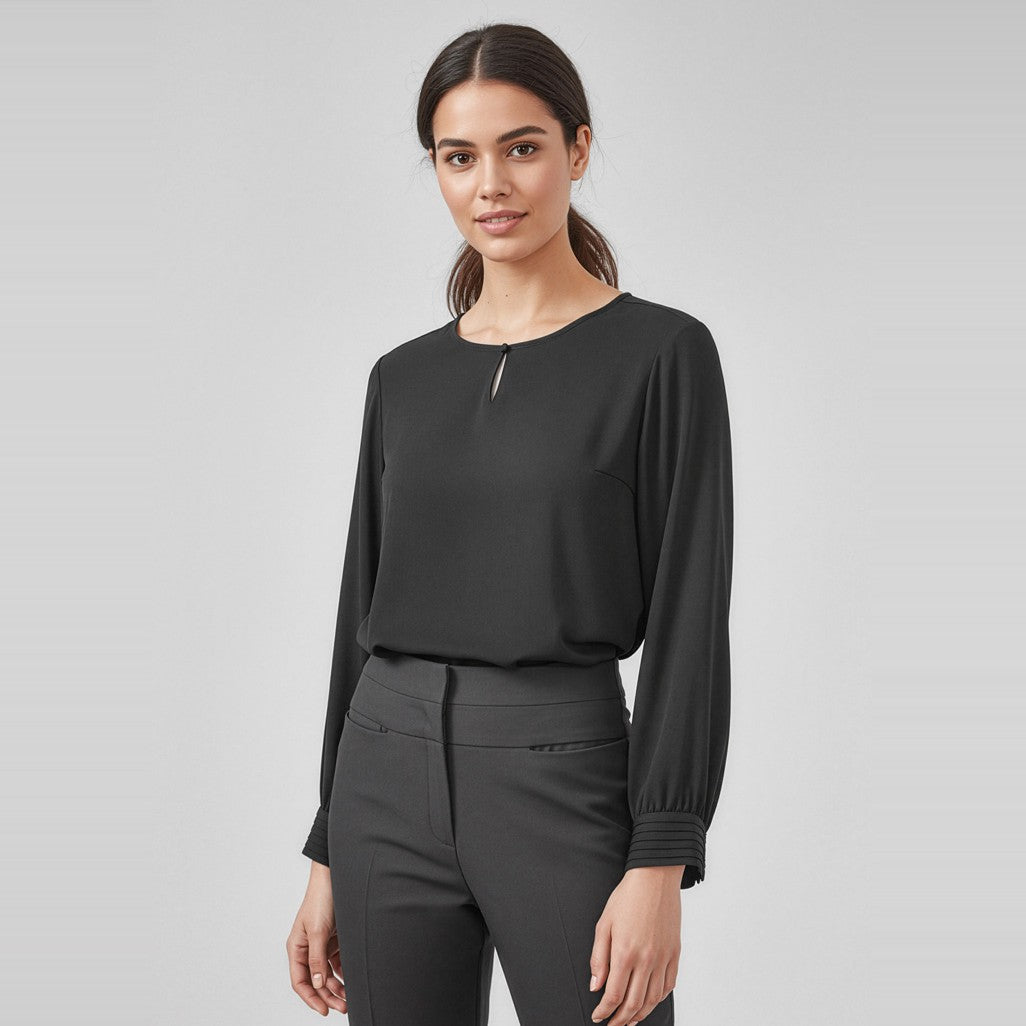 Biz Corporates Evelyn Womens Long Sleeve Blouse RU569LL in Black, worn by model
