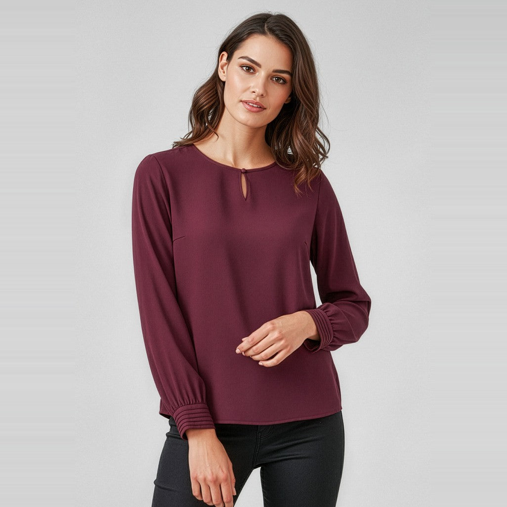 Biz Corporates Evelyn Womens Long Sleeve Blouse RU569LL in Wine, worn by model