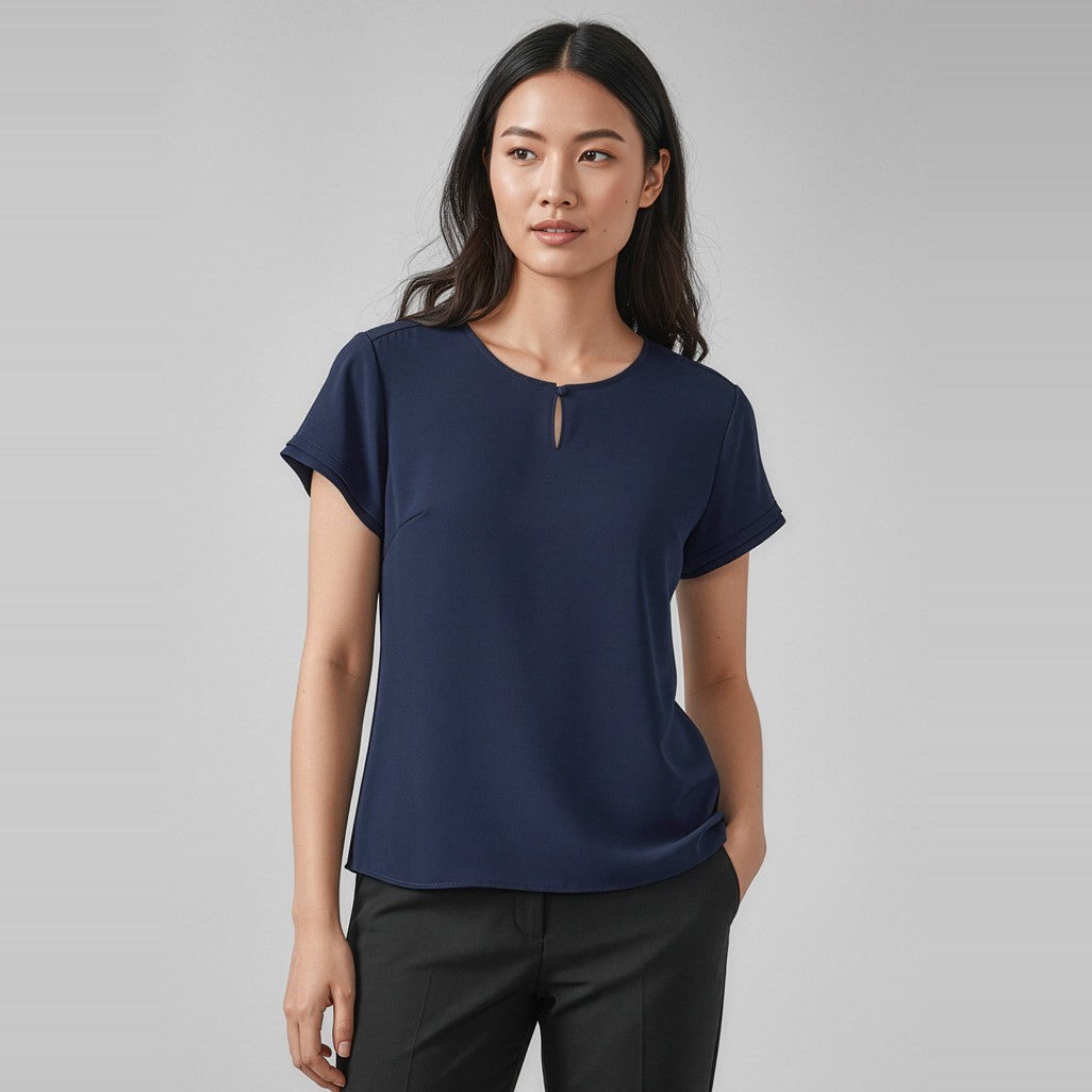 Biz Corporates Evelyn Womens Short Sleeve Blouse RU569LS in Navy, worn by model
