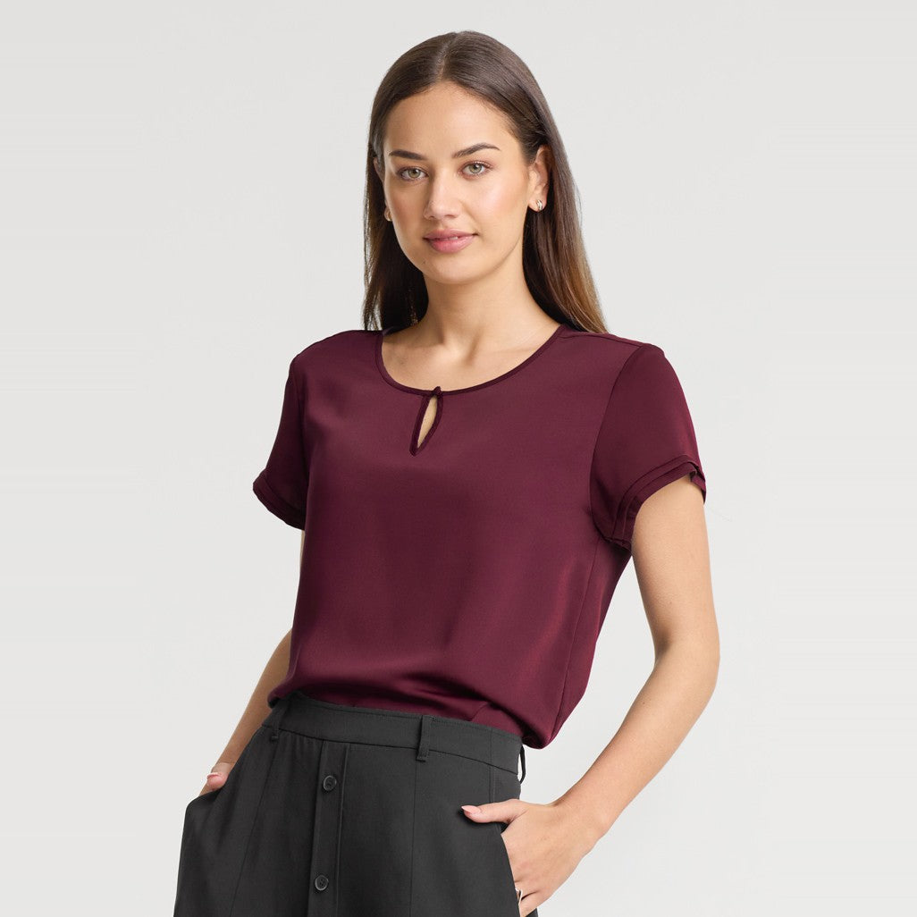 Biz Corporates Evelyn Womens Short Sleeve Blouse RU569LS in Wine, worn by model