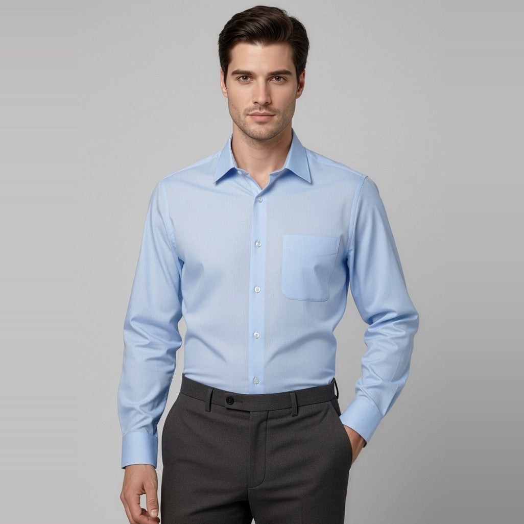 Biz Luxe Mens Long Sleeve Shirt S10210 in Blue, worn by model