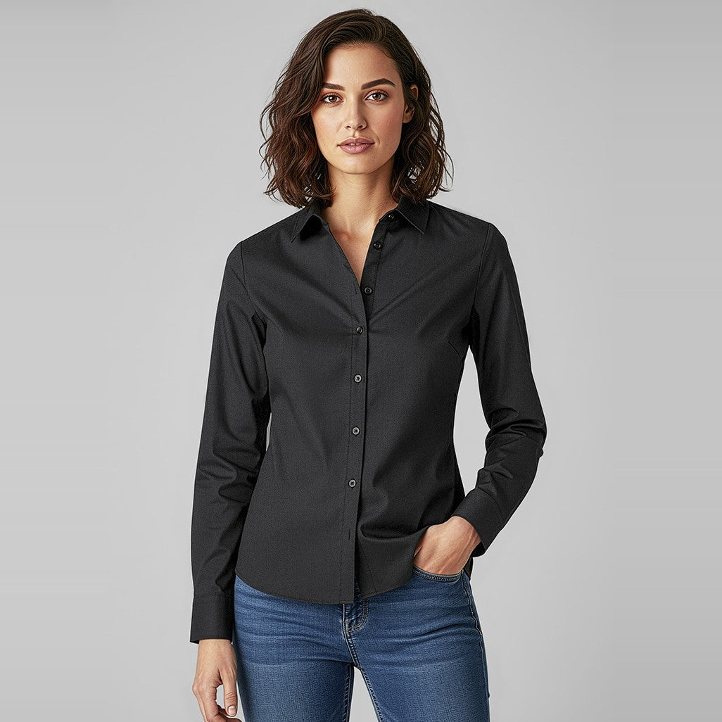 Biz Memphis Womens Long Sleeve Shirt S127LL in Black, worn by model