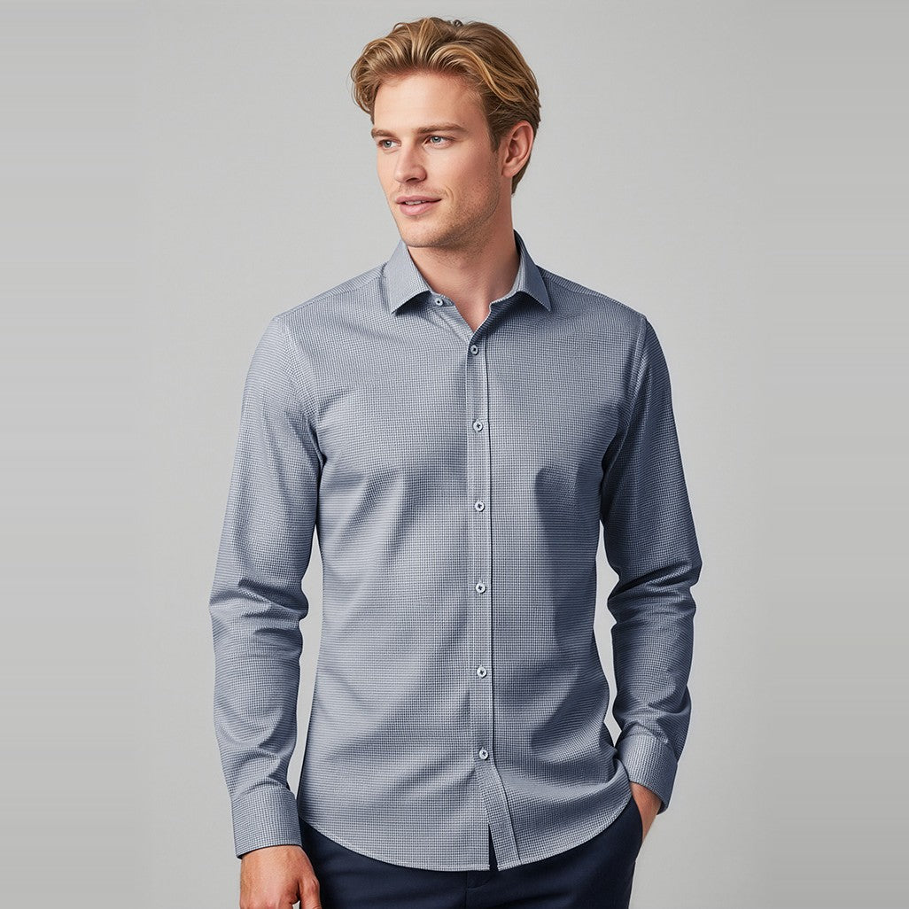 Biz Bristol Mens Tailored Long Sleeve Shirt S339ML in White/Navy, worn by model