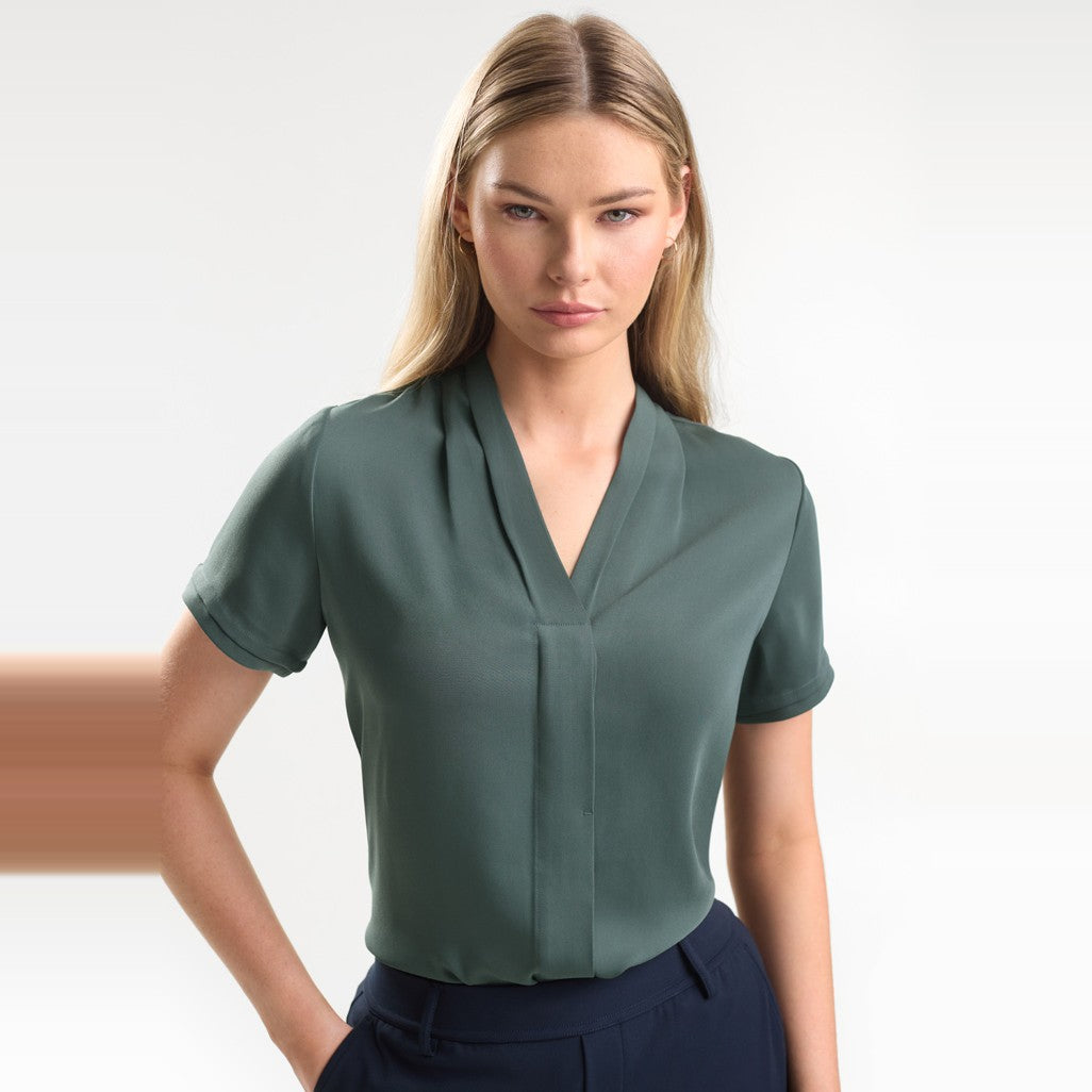 Biz Madison Womens Short Sleeve Shirt S628LS in Seafoam, worn by model