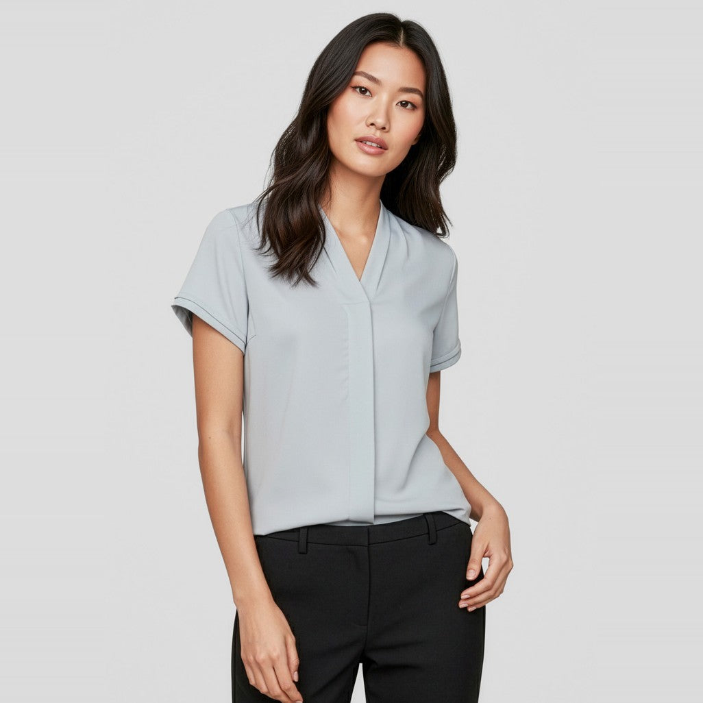 Biz Madison Womens Short Sleeve Shirt S628LS in Silver Mist, worn by model