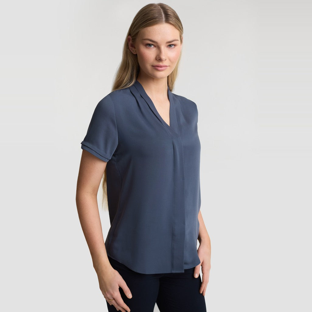 Biz Madison Womens Short Sleeve Shirt S628LS in Storm Blue, worn by model