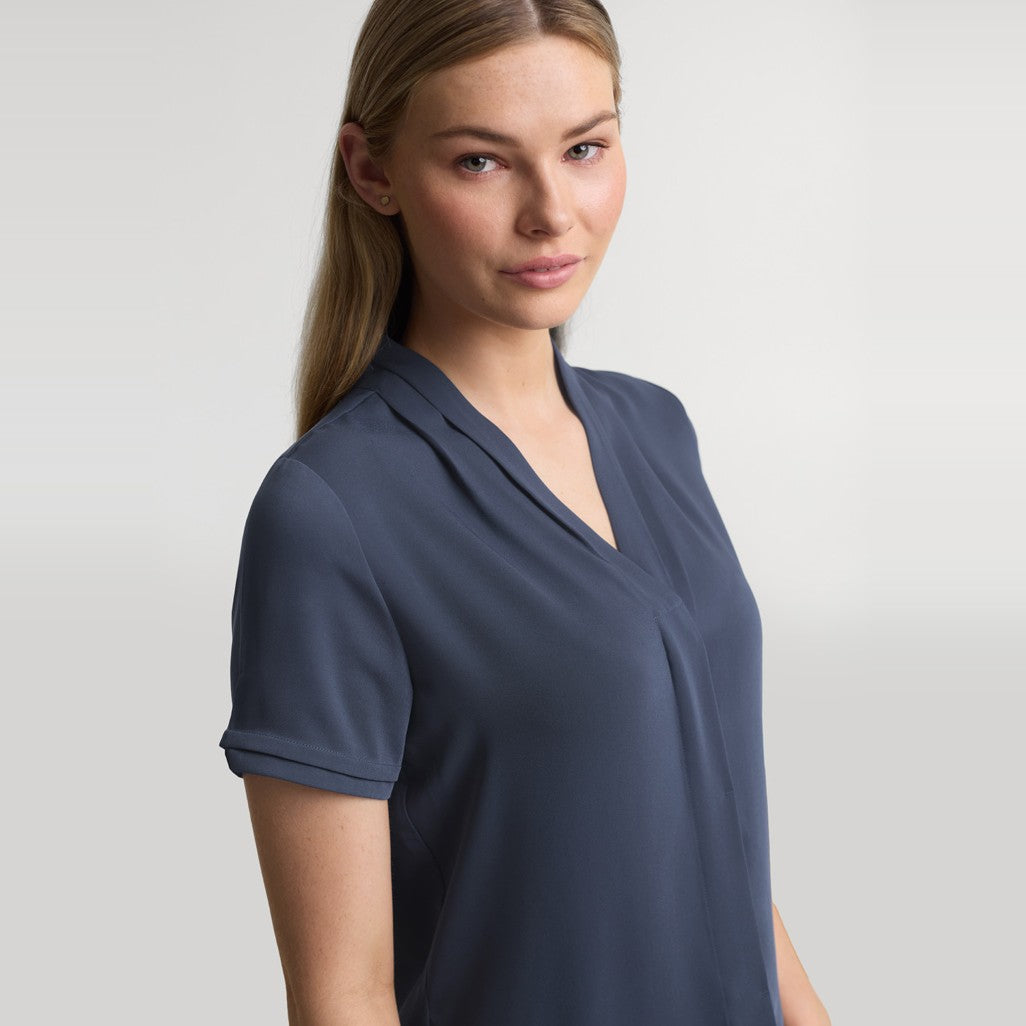 Biz Madison Womens Short Sleeve Shirt S628LS in Storm Blue, worn by model, view 2