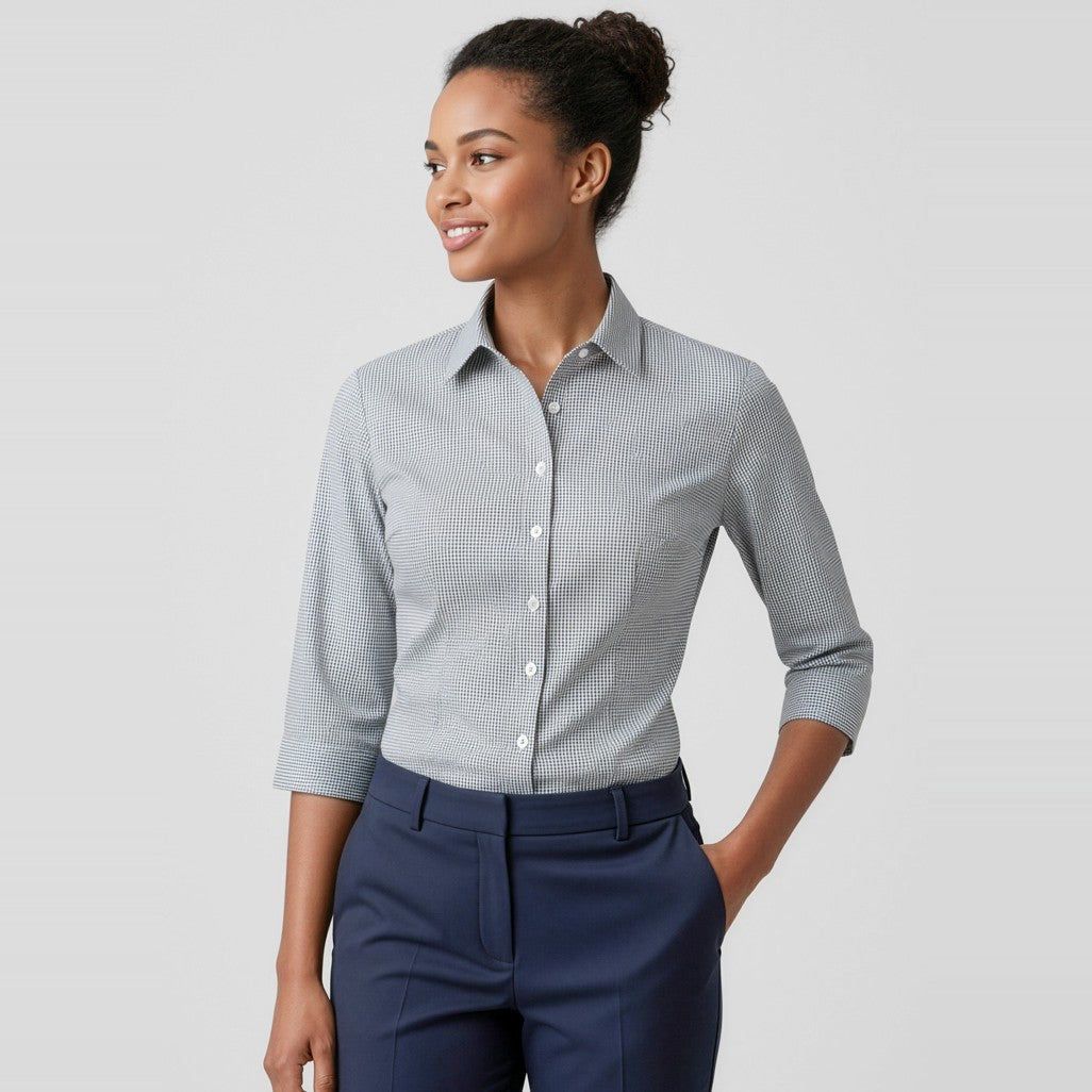 Biz Ellison Womens 3/4 Sleeve Shirt S716LT, worn by model