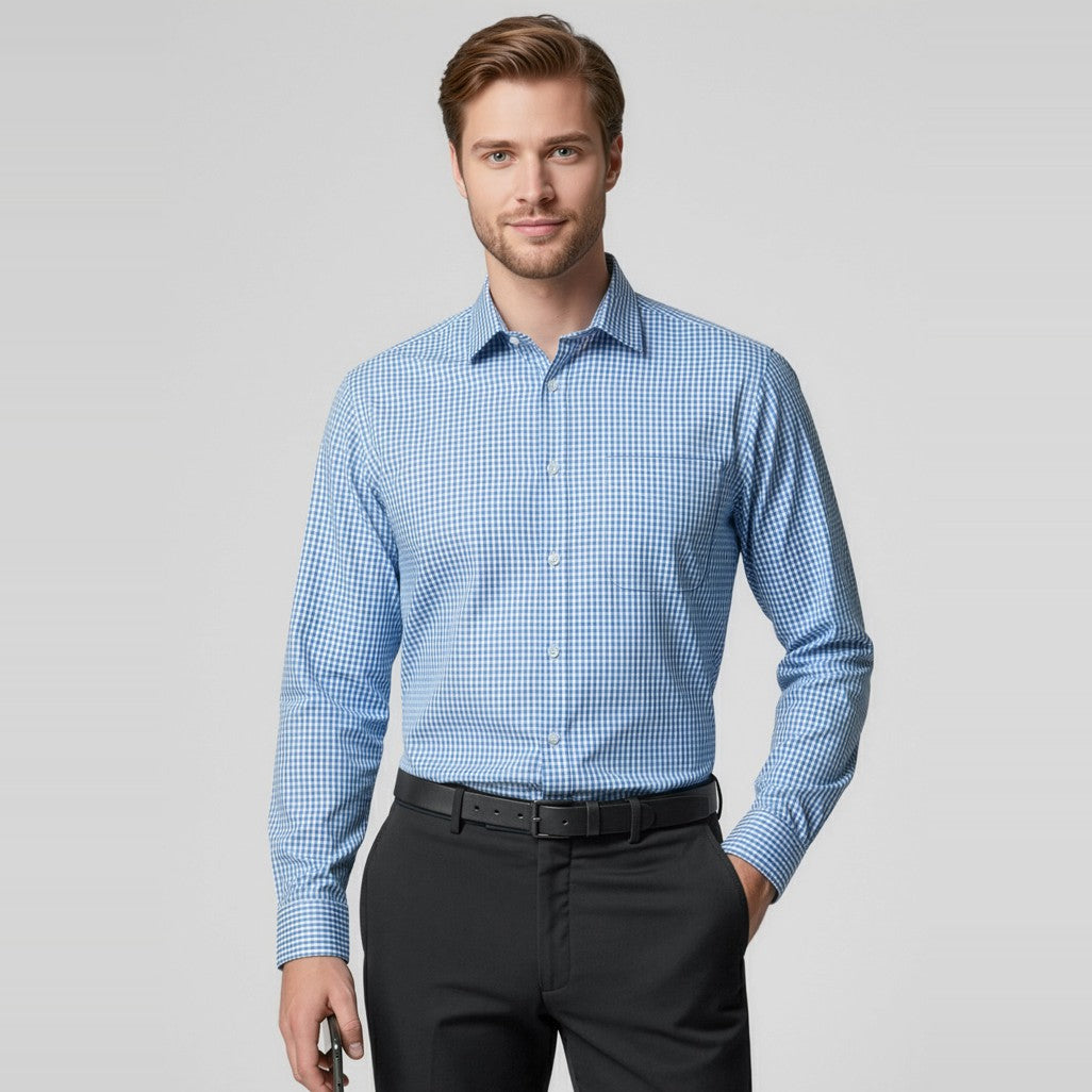 Biz Ellison Mens Long Sleeve Shirt S716ML in French Blue, worn by model