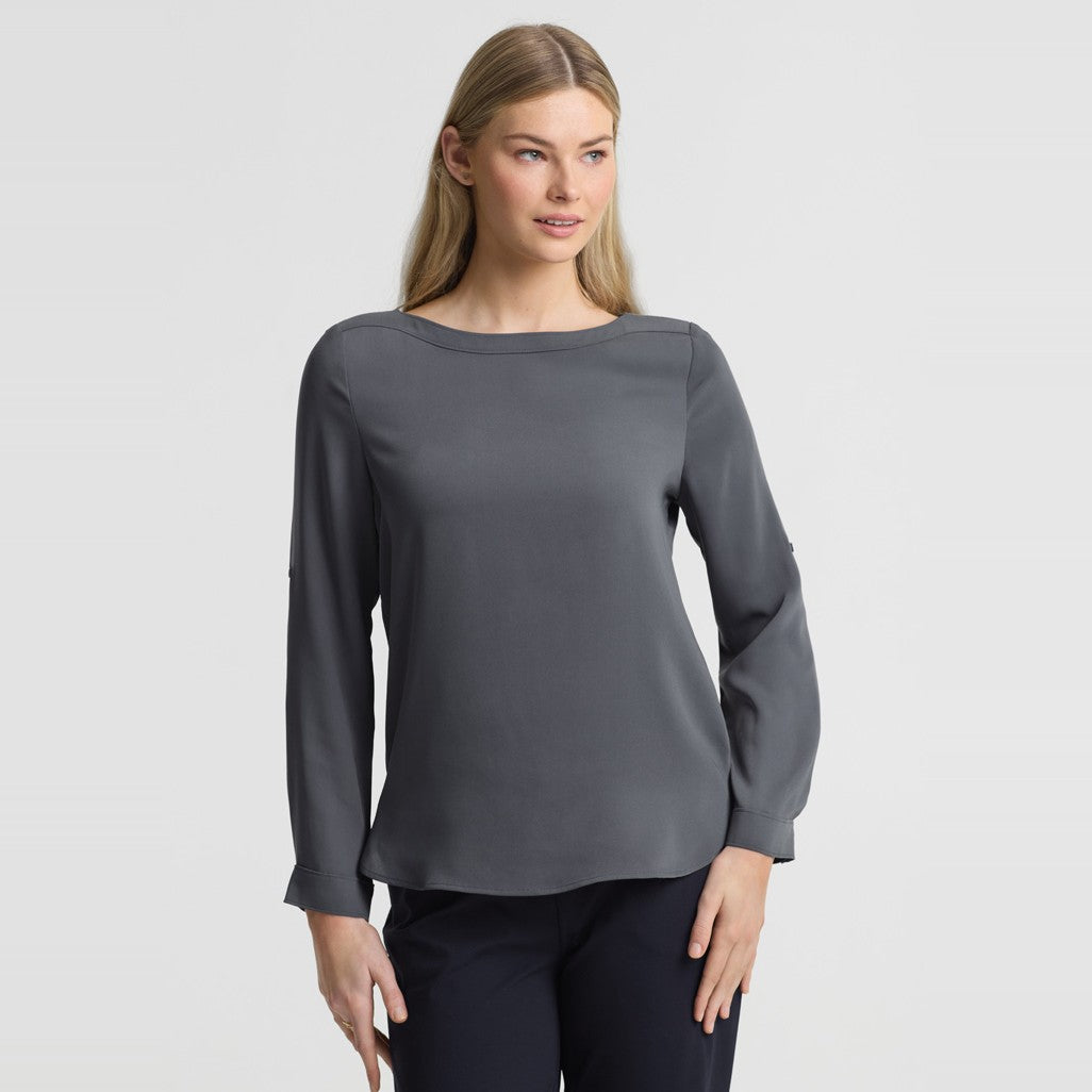 Biz Madison Womens Boatneck Top S828LL in Charcoal, worn by model