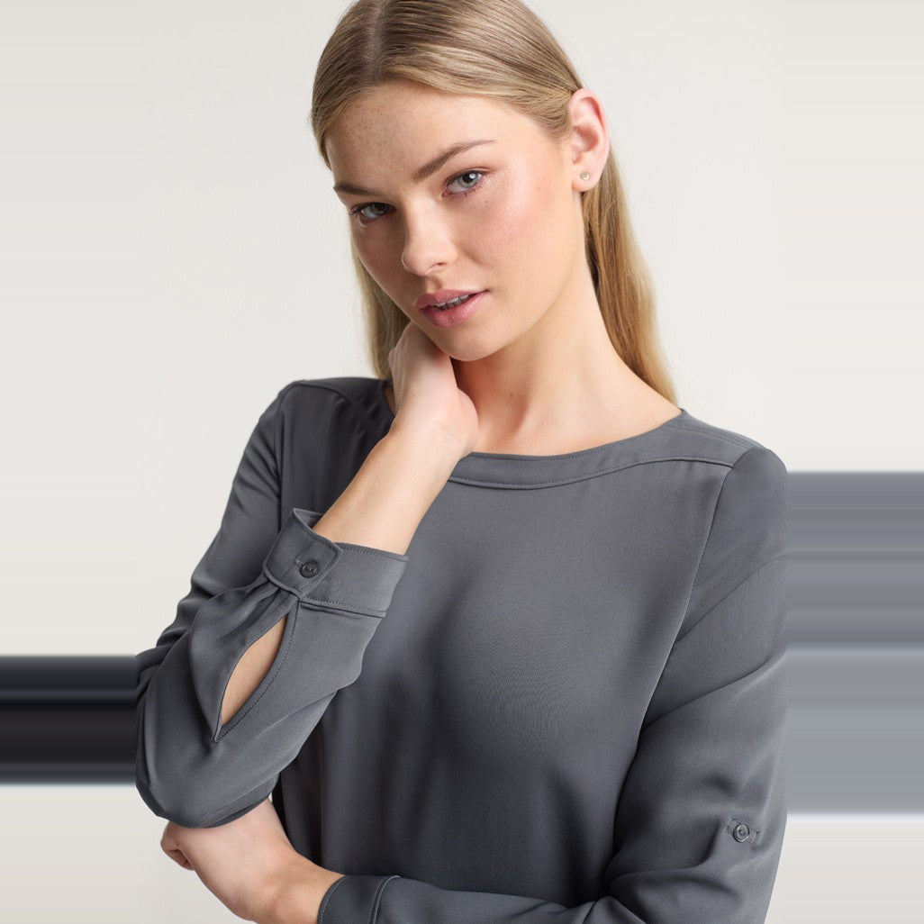 Biz Madison Womens Boatneck Top S828LL in Charcoal, worn by model, view 3
