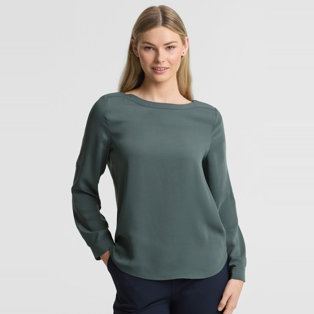 Biz Madison Womens Boatneck Top S828LL in Seafoam, worn by model