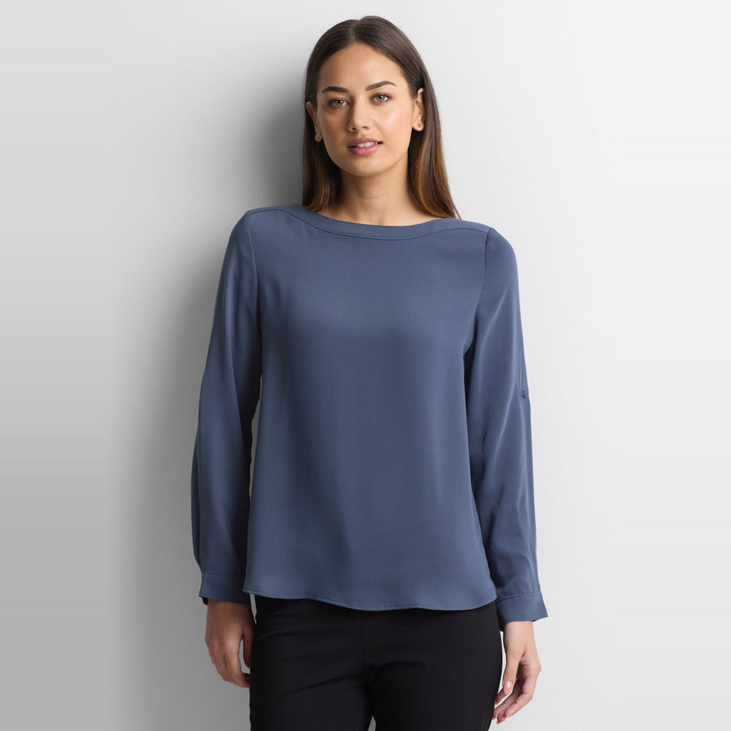 Biz Madison Womens Boatneck Top S828LL in Storm Blue, worn by model
