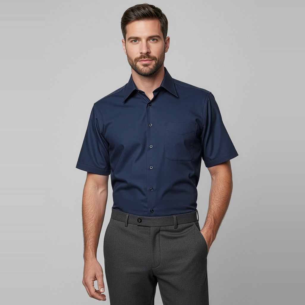 Biz Metro Mens Short Sleeve Shirt SH715 in Navy, worn by model