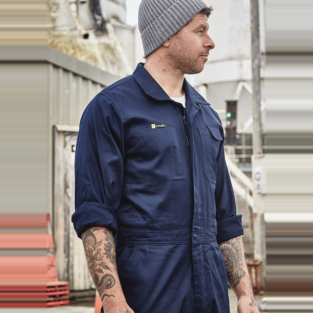 Syzmik Mens Lightweight Cotton Drill Overall ZC560 in Navy, worn by model, view 3