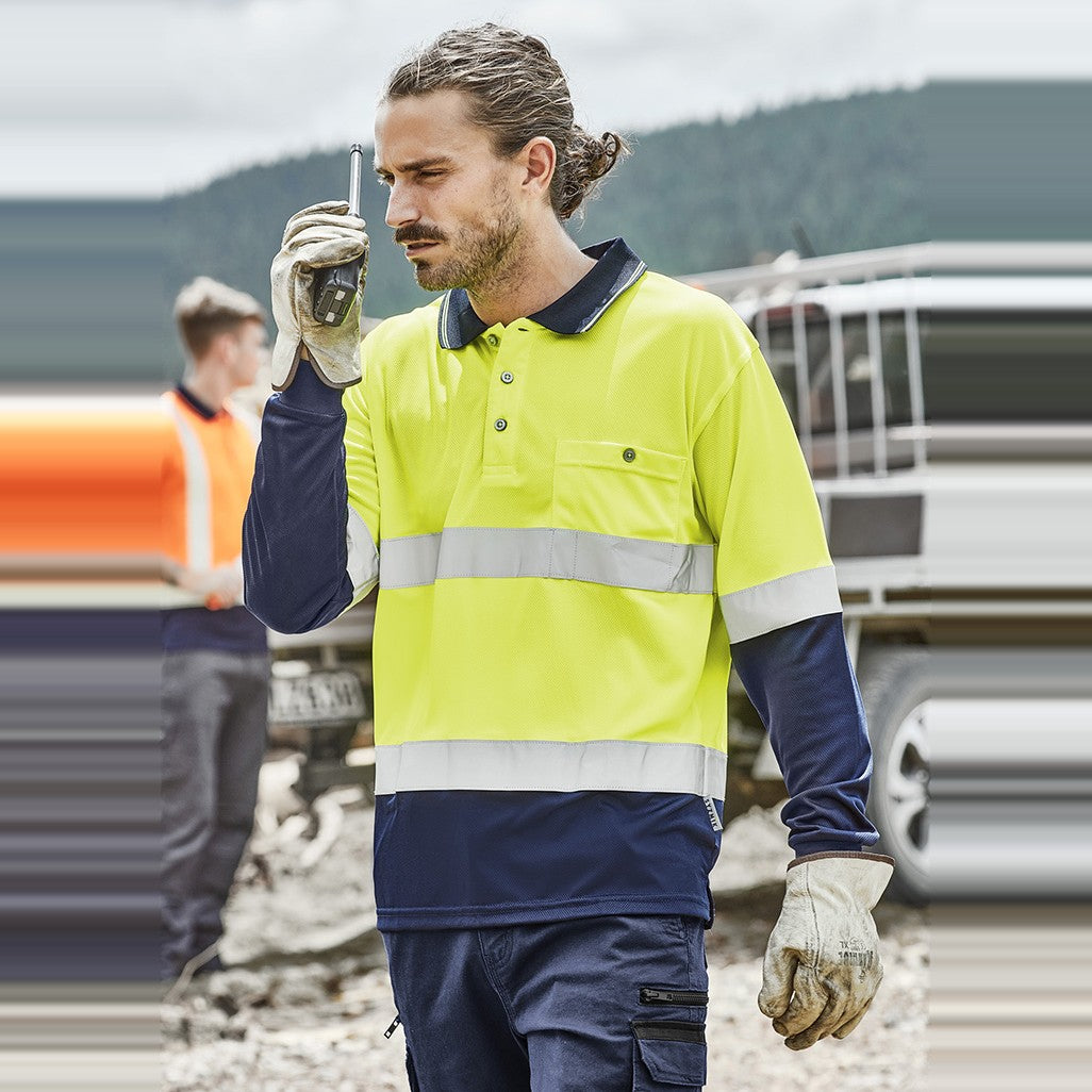 Syzmik Mens Hi Vis Spliced Long Sleeve Polo - Hoop Taped ZH235, worn by model