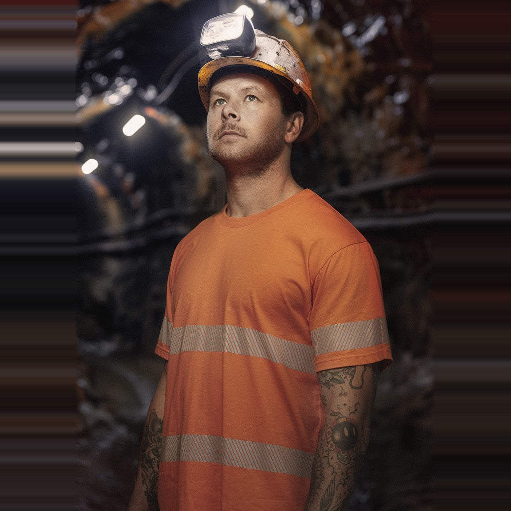 Syzmik Mens Hi Vis Segmented Tape Cotton Tee ZH510 in Orange, worn by model
