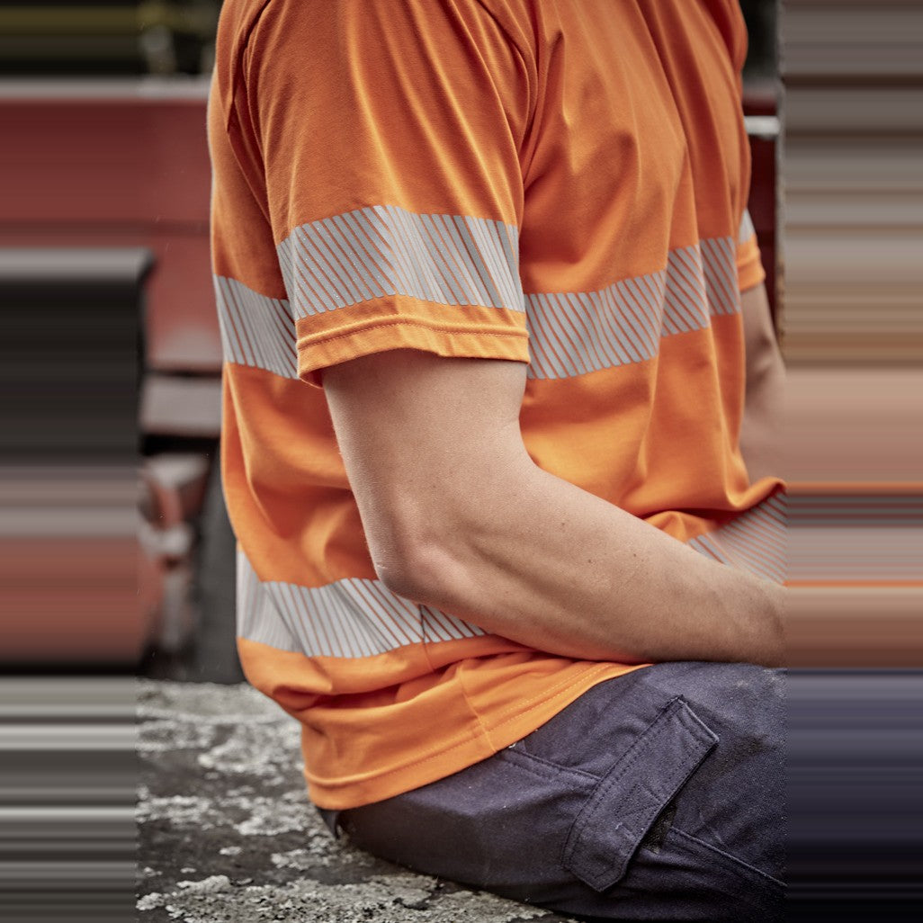 Syzmik Mens Hi Vis Segmented Tape Cotton Tee ZH510 in Orange, worn by model, view 3