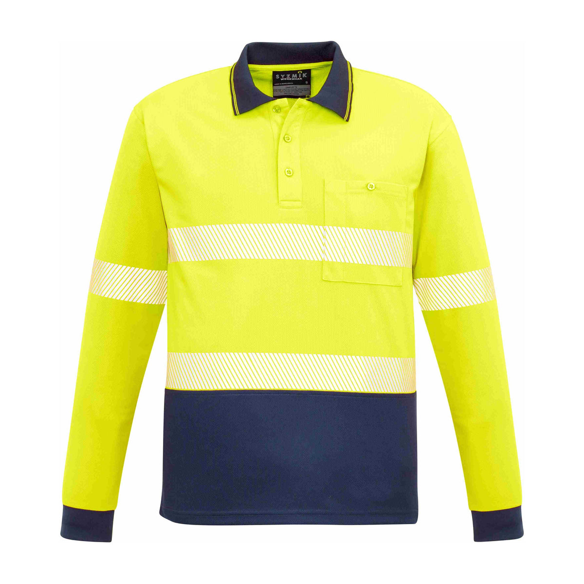 Syzmik Unisex Hi Vis Segmented Tape Long Sleeve Polo ZH530 CLEARANCE in Yellow/Navy