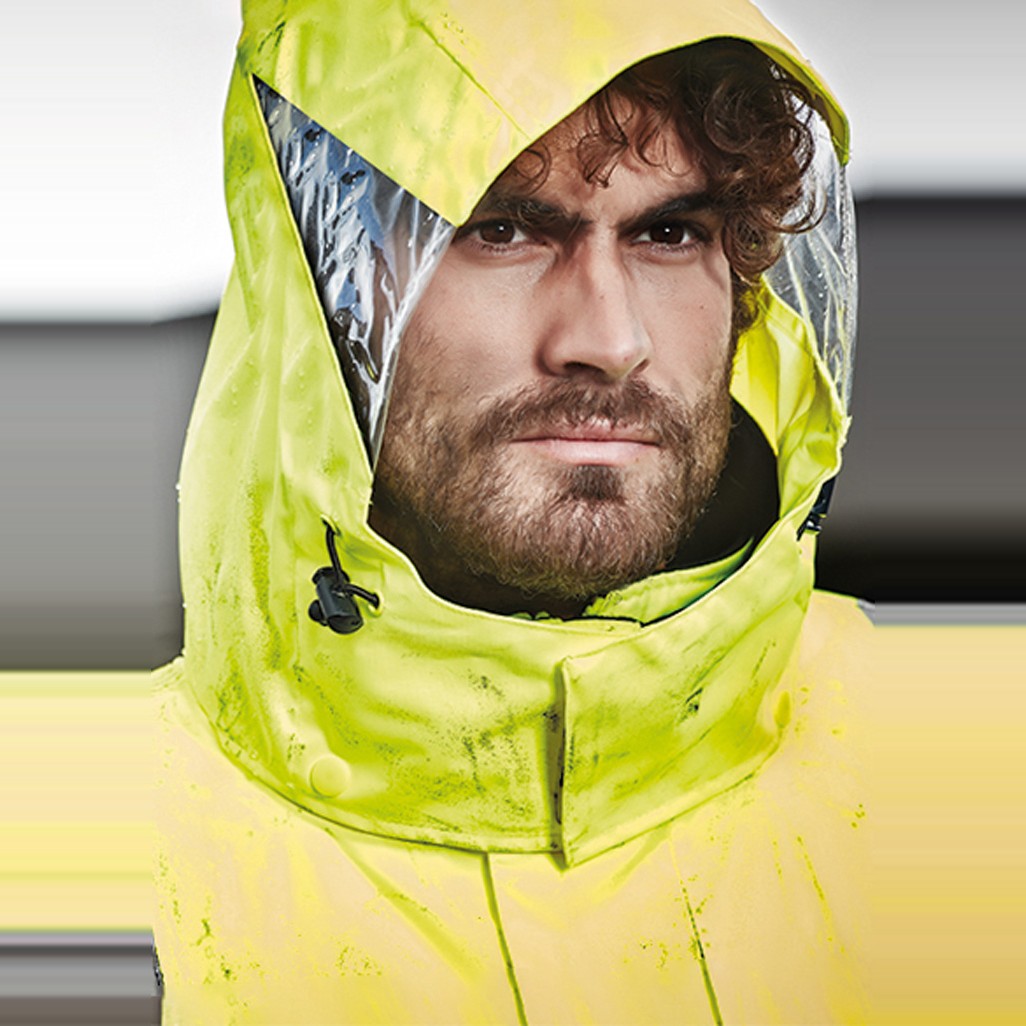 Syzmik Mens Hi Vis 4 In 1 Waterproof Jacket ZJ532 in Yellow/Navy, worn by model, view 2
