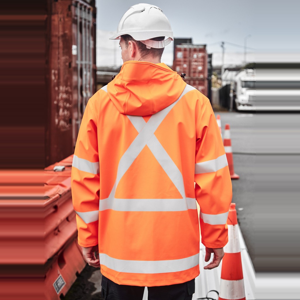 Syzmik Mens Hi Vis X Back Heavy Duty Waterproof Jacket ZJ620-AU in Orange, worn by model, view 2