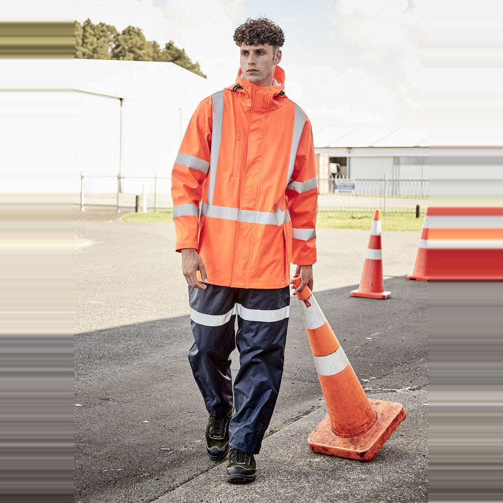 Syzmik Mens Hi Vis X Back Heavy Duty Waterproof Jacket ZJ620-AU in Orange, worn by model, view 5
